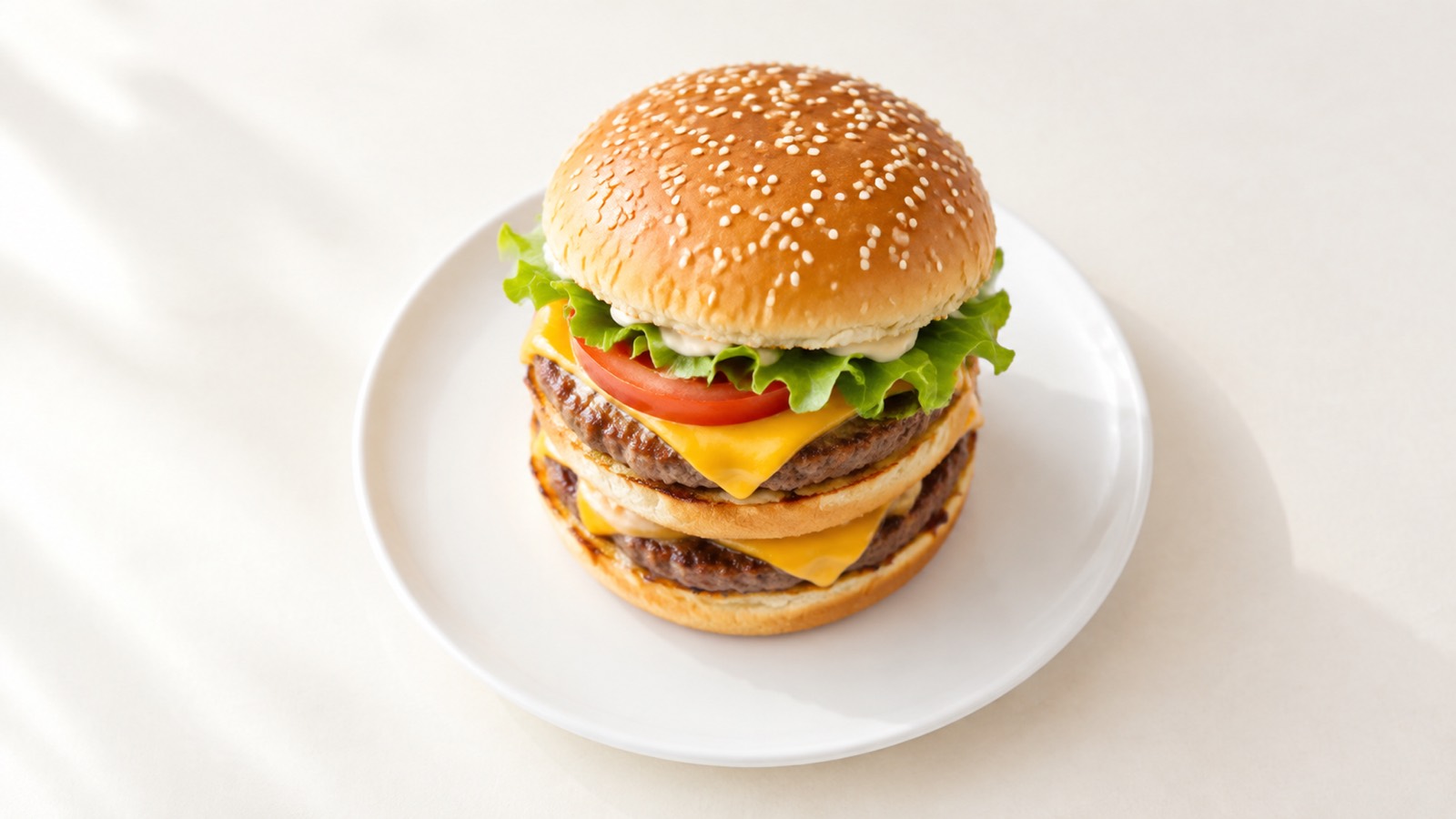 白い皿にのった二段重ねのハンバーガー
