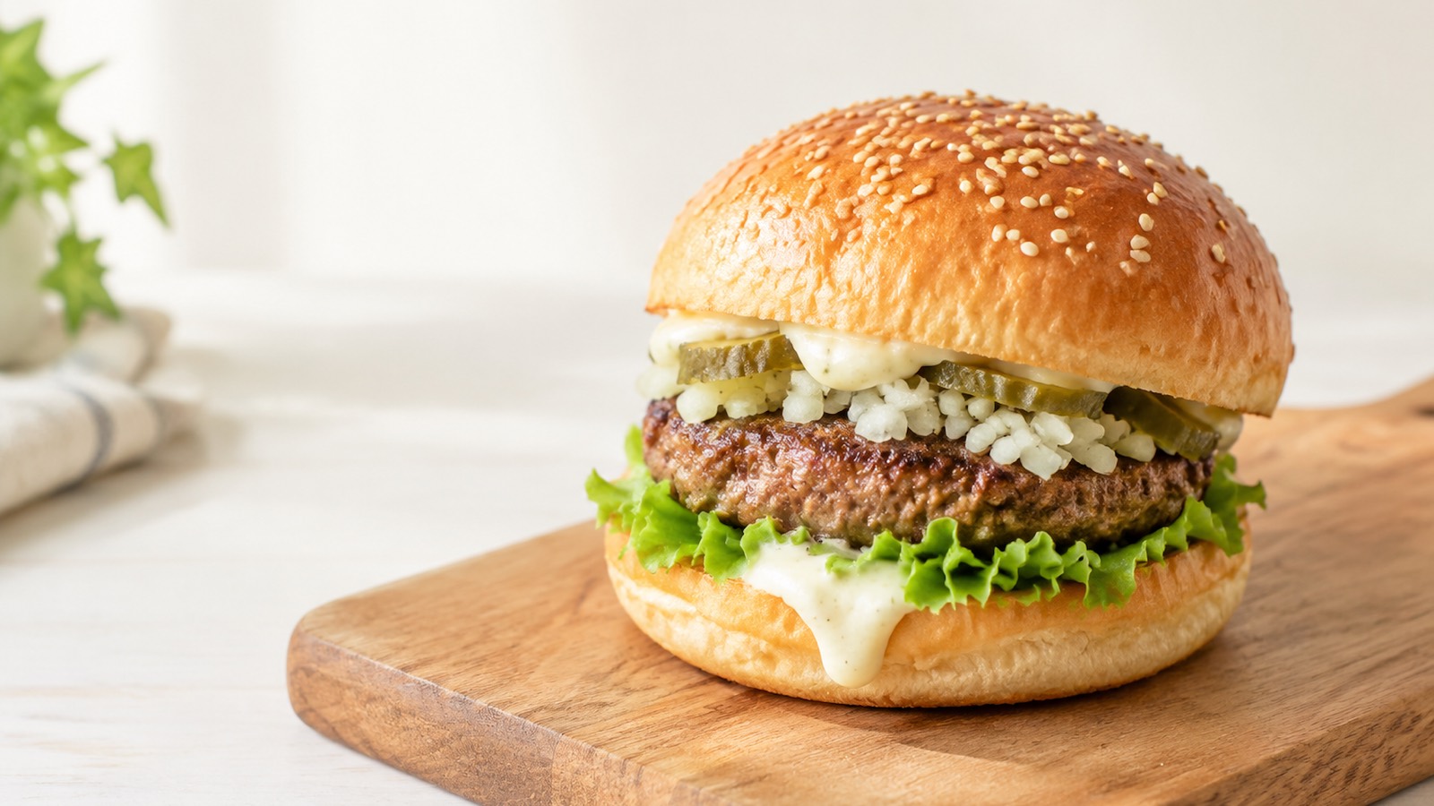 白いソースとピクルスが見える手作りハンバーガー